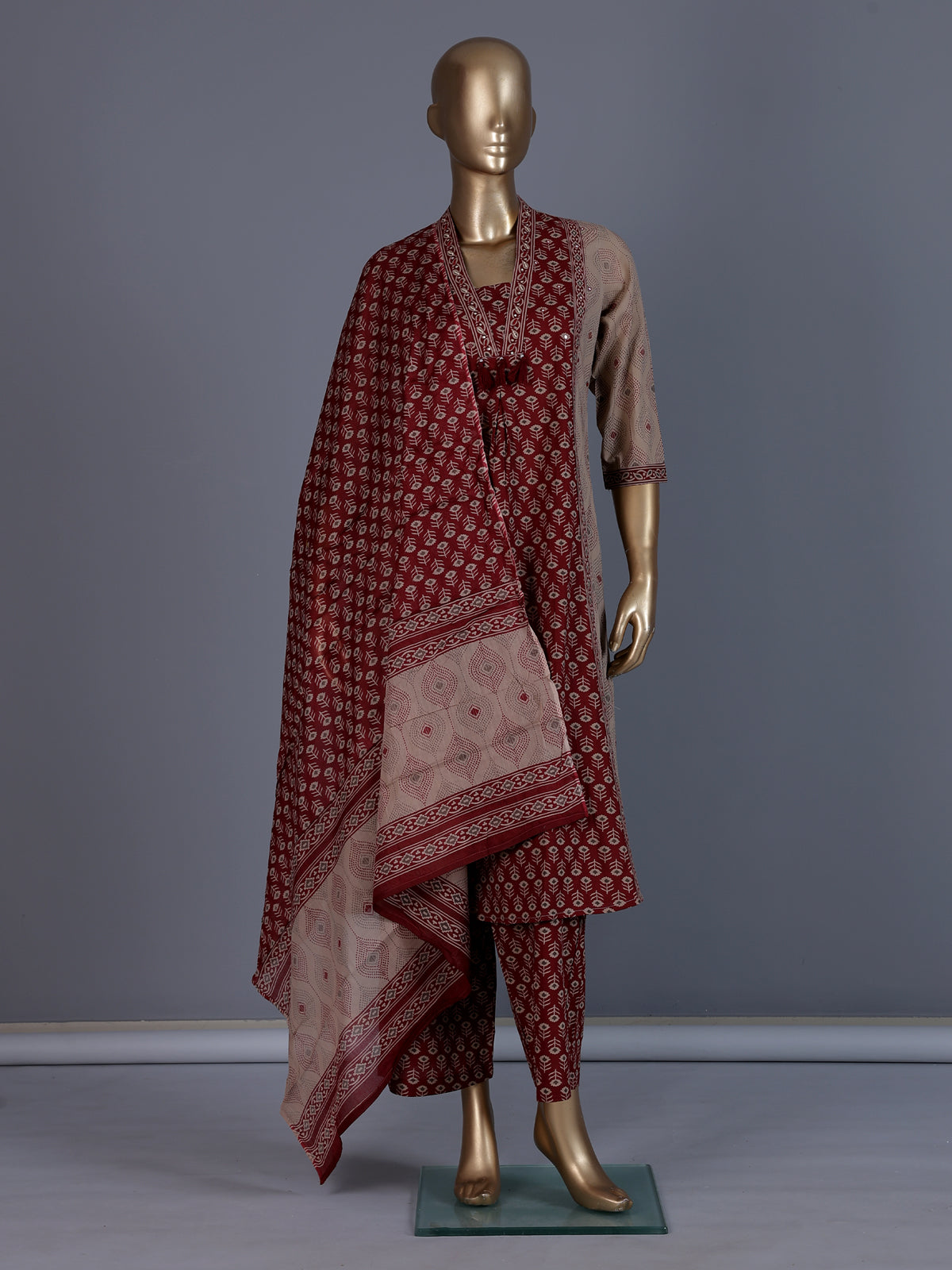 Maroon printed cotton festive palazzo kurti set design