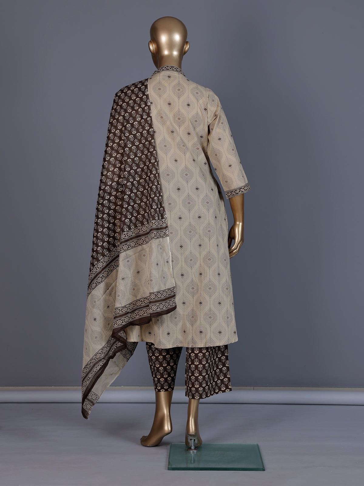 Brown printed cotton palazzo kurti set with dupatta