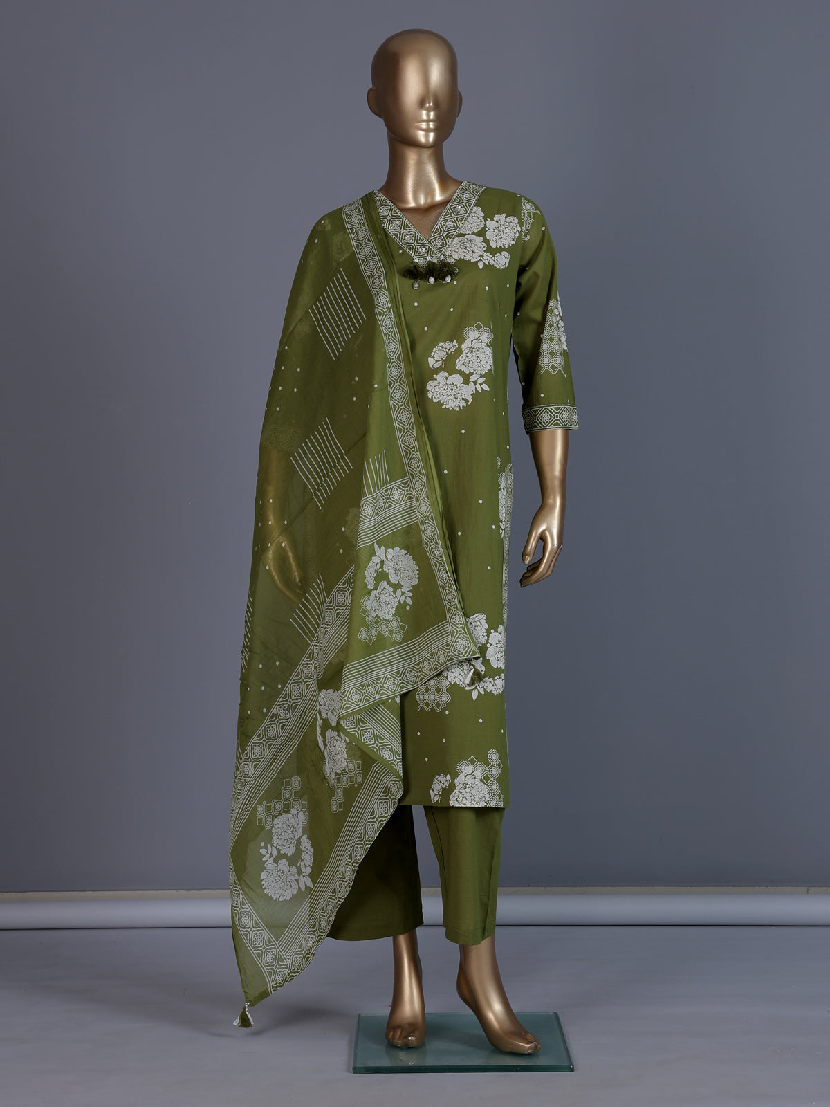 Mehendi green floral printed cotton silk kurti set