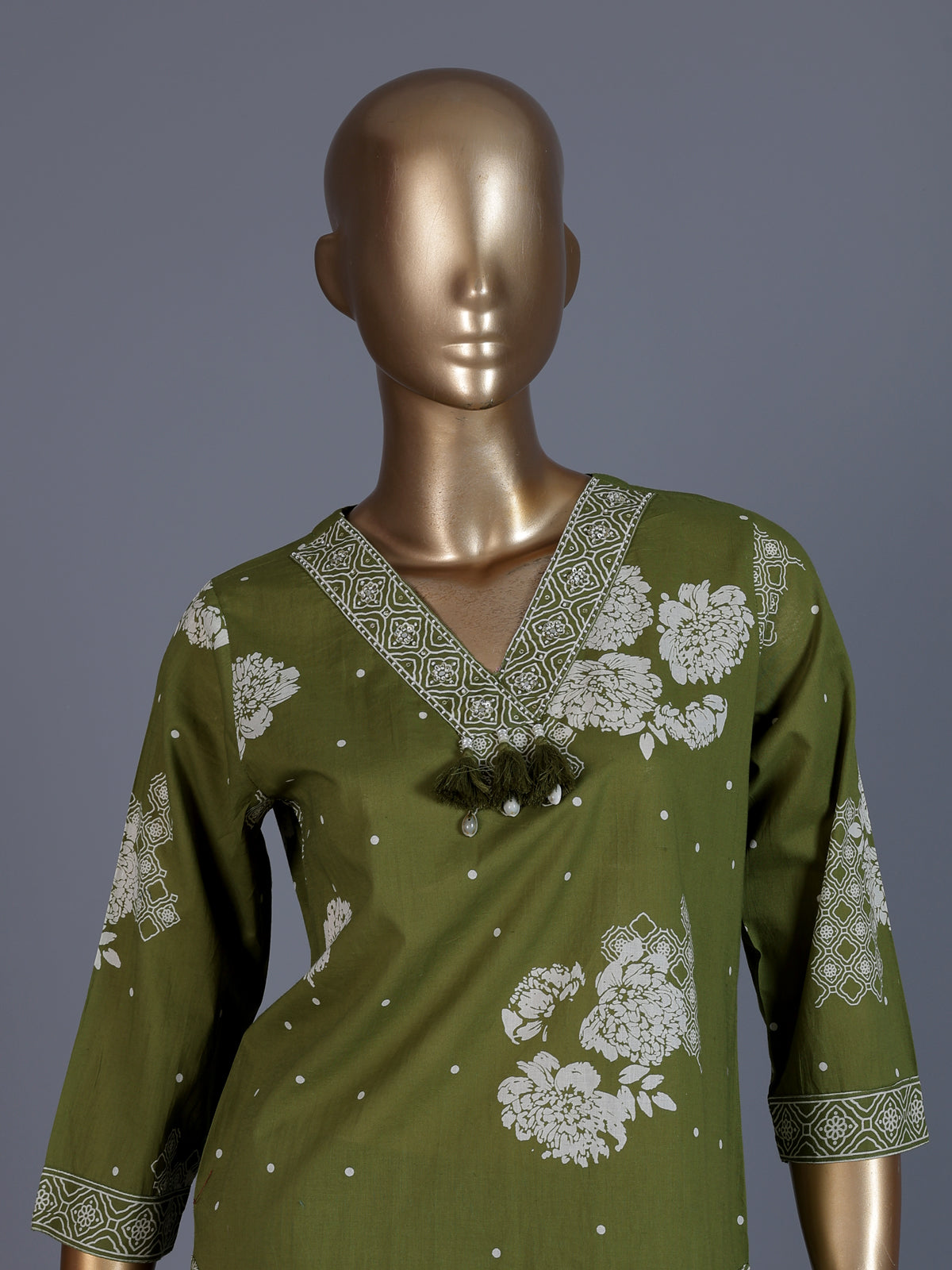 Mehendi green floral printed cotton silk kurti set