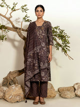 Grey cotton silk floral printed kurti set with dupatta