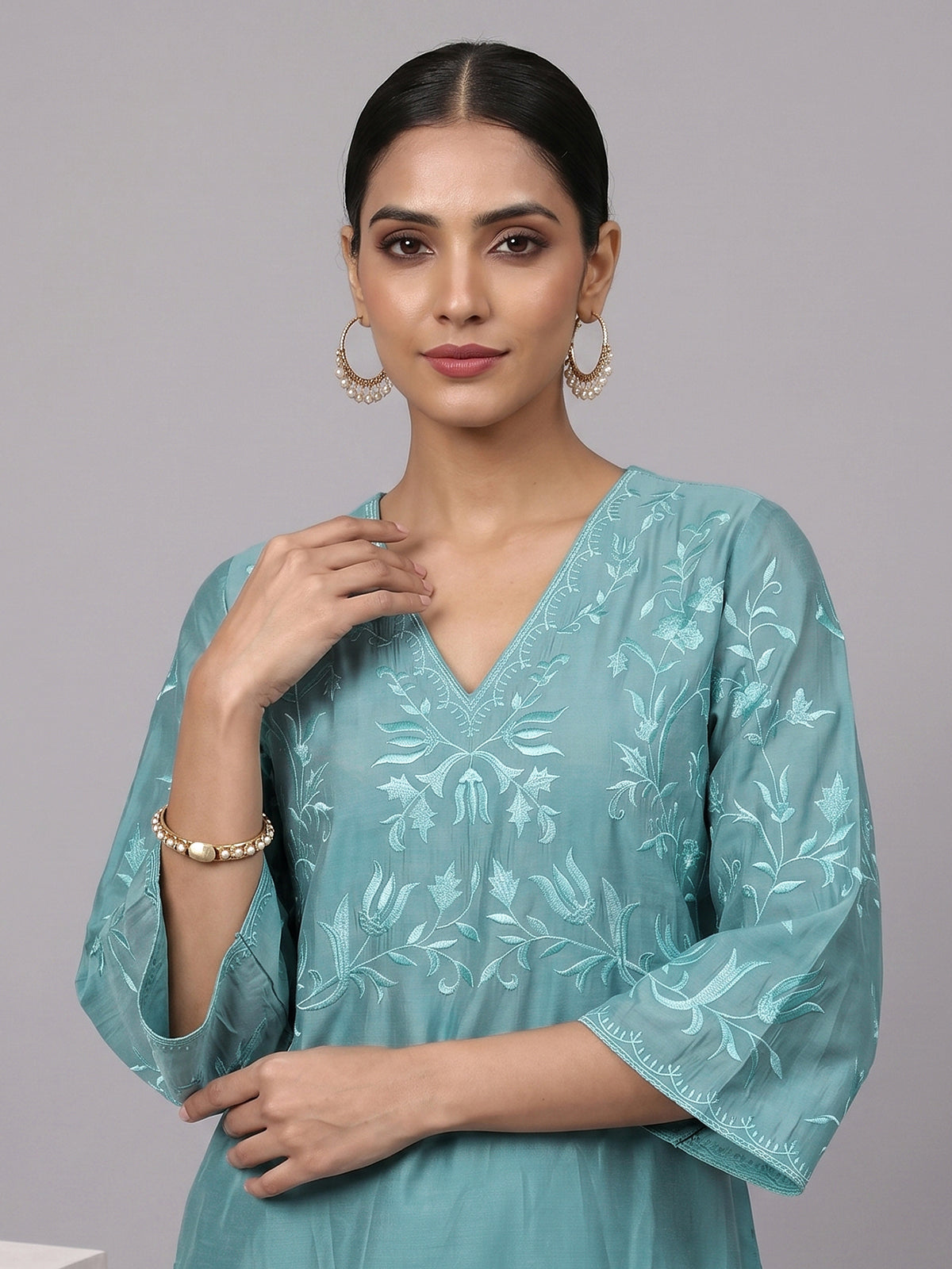 Sky blue silk bodice style kurti set
