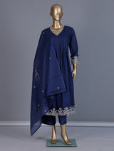 Blue cotton embroidered festive kurti set with dupatta