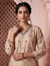 Beige silk V neck straight cut kurti set