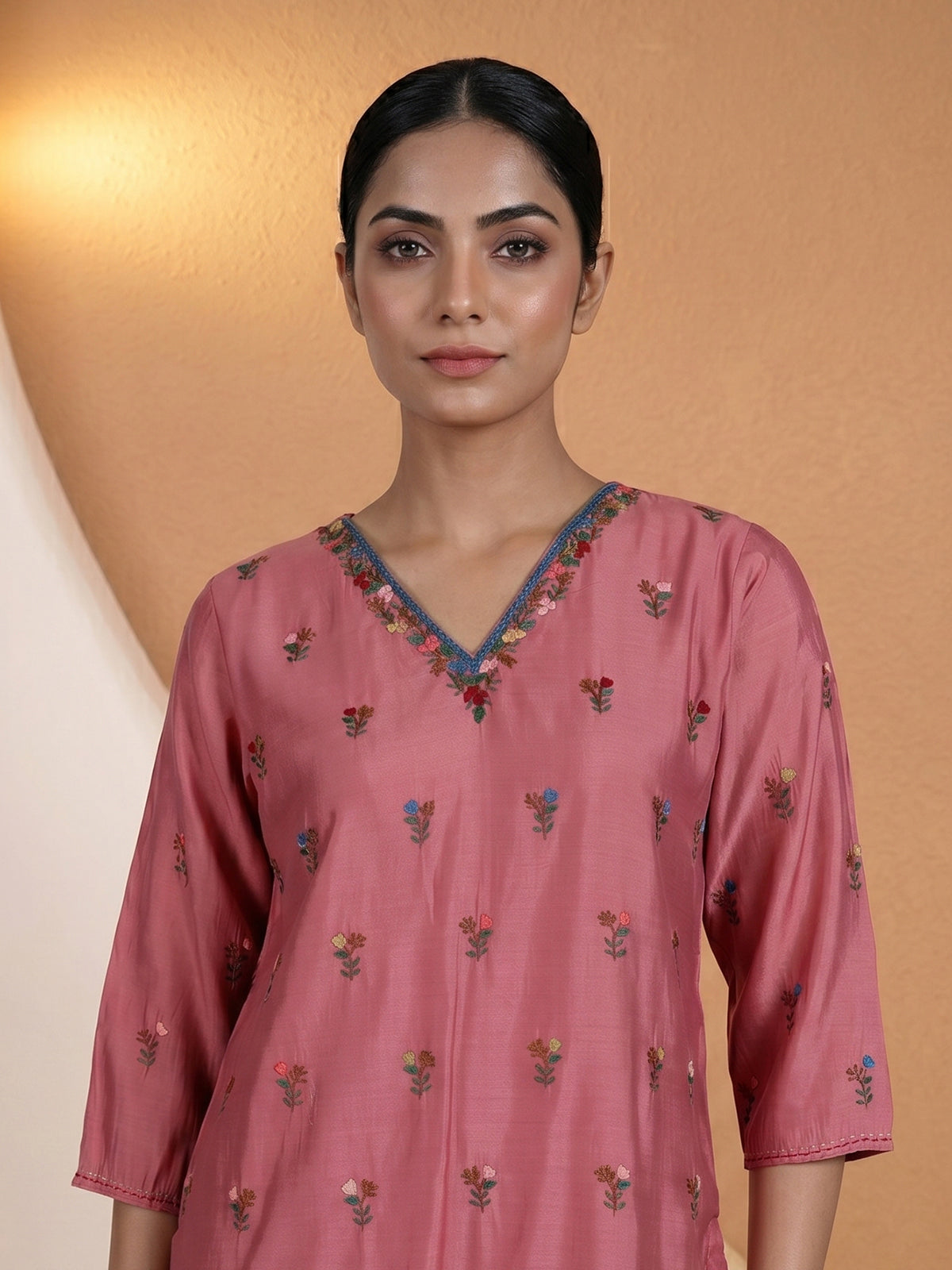 Pink silk thread work festive kurti set