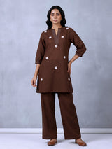 Brown cotton embroidered casual co ord set for women