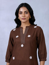 Brown cotton embroidered casual co ord set for women