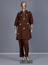 Brown cotton embroidered casual co ord set for women