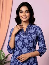 Navy blue floral printed cotton blend ethnic kurti