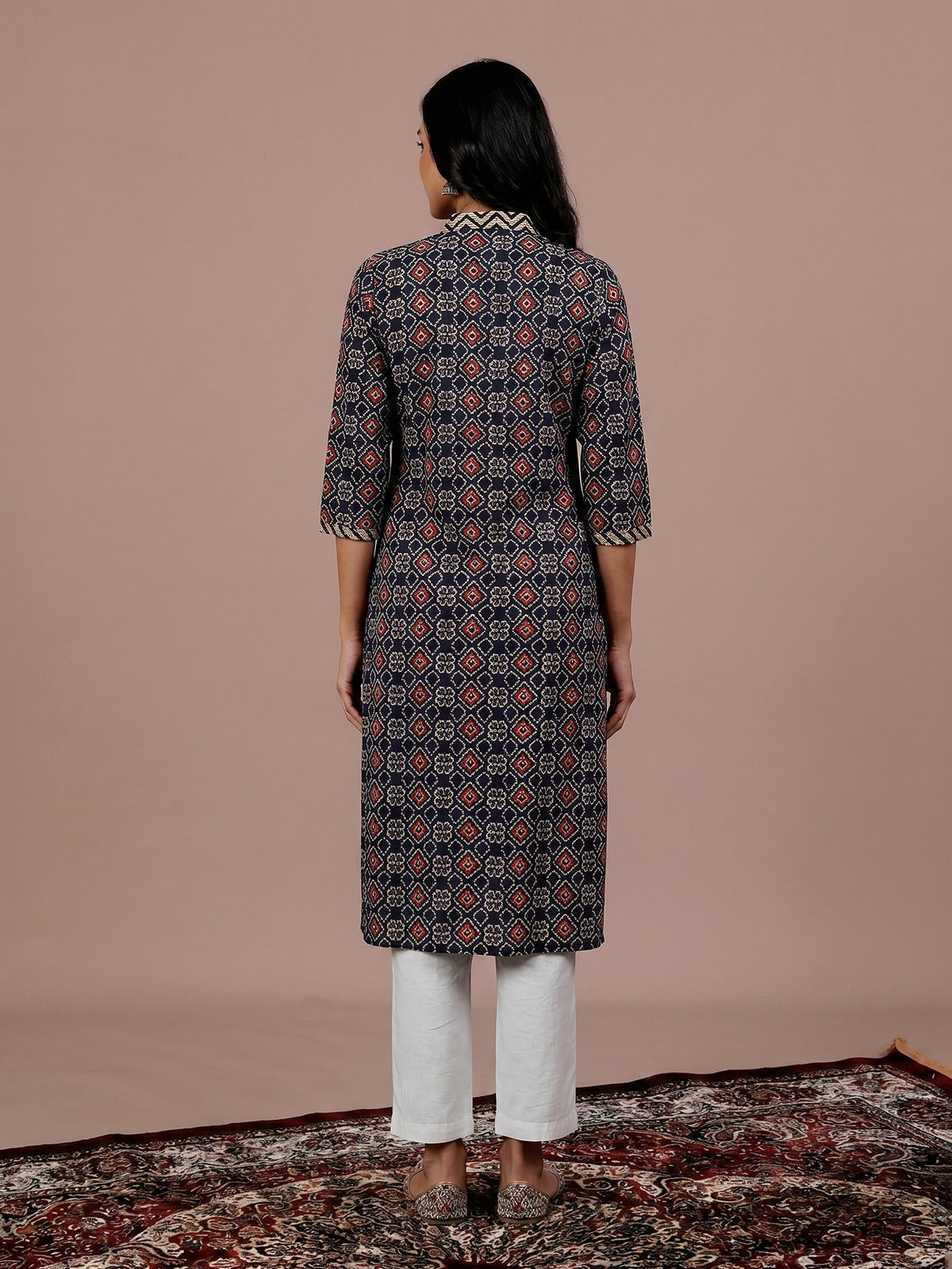 Black printed silk casual kurti with elegant V neck