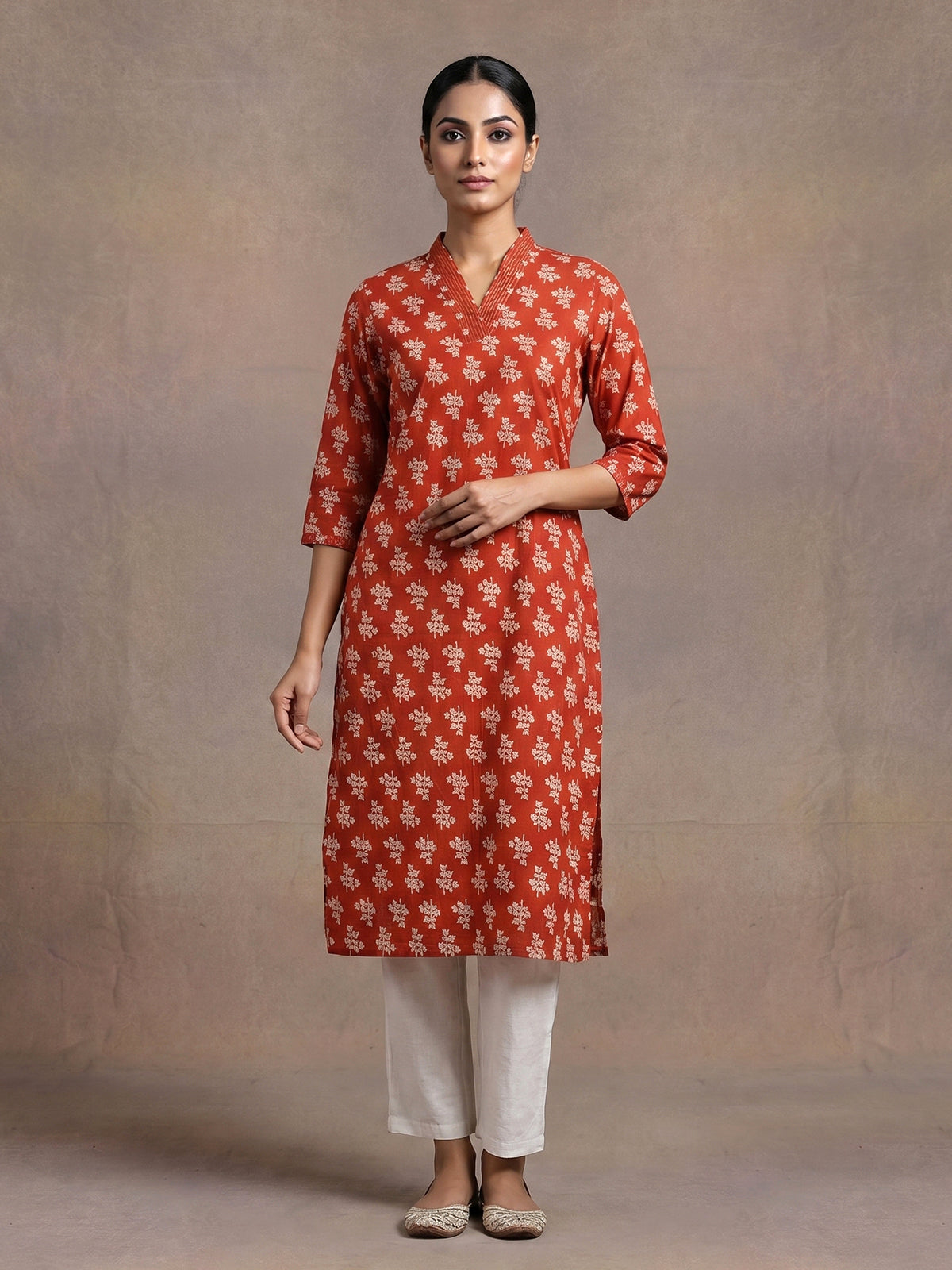 Orange floral printed cotton blend stylish casual kurti
