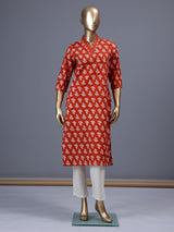 Orange floral printed cotton blend stylish casual kurti