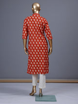 Orange floral printed cotton blend stylish casual kurti