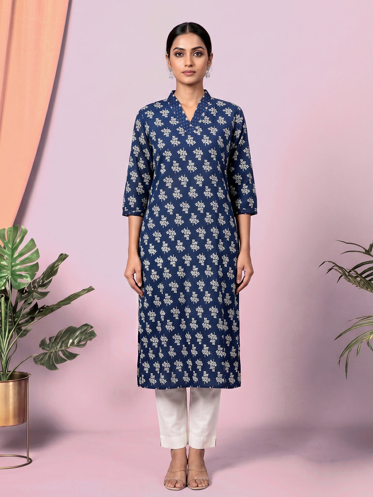 Dark blue floral printed cotton blend casual kurti