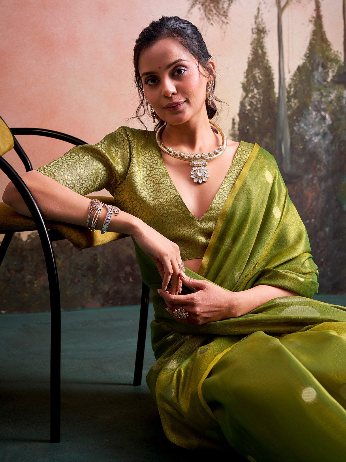 Royal green zari detailed tissue silk saree