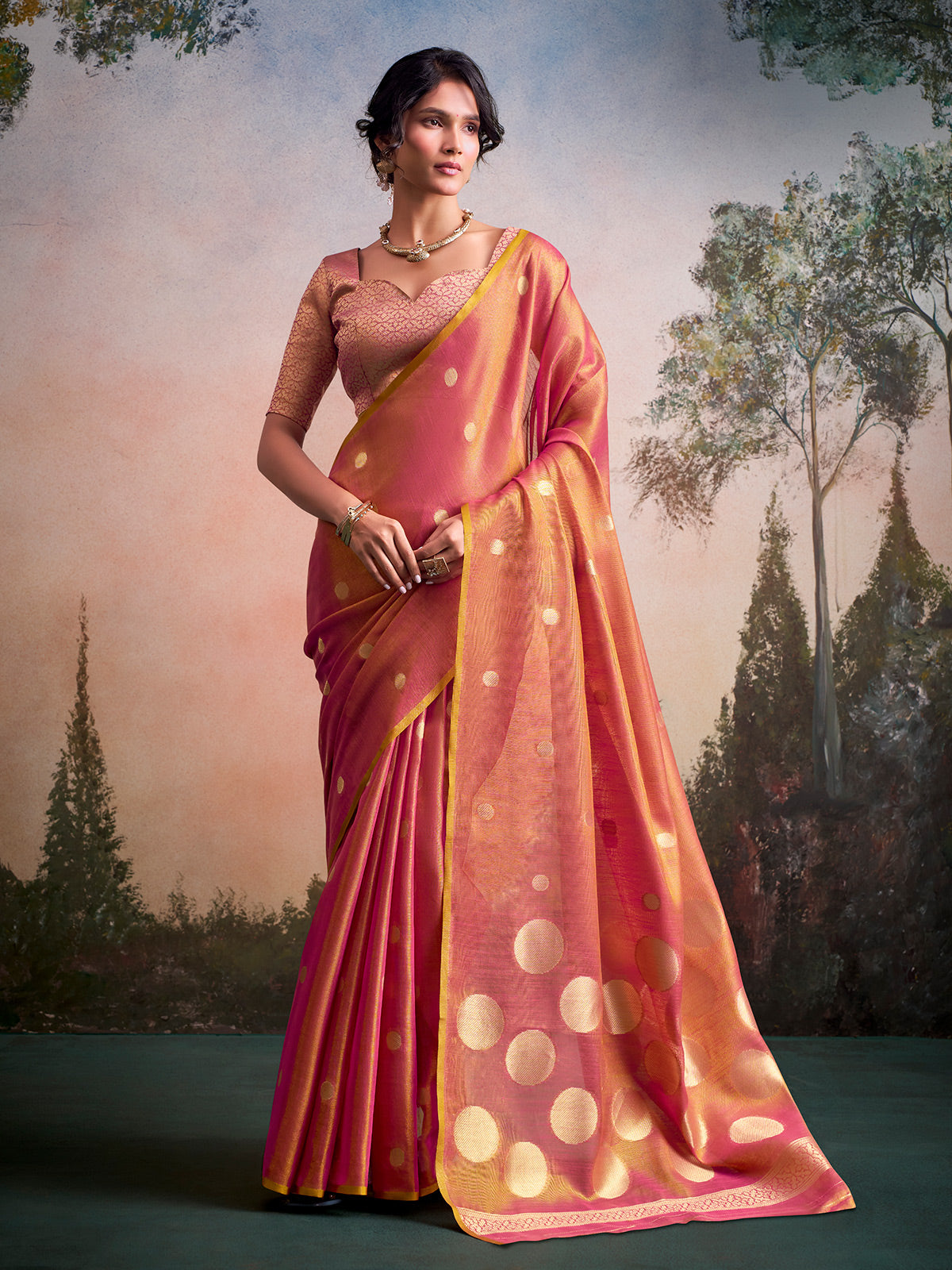 Graceful onion pink zari work tissue silk saree