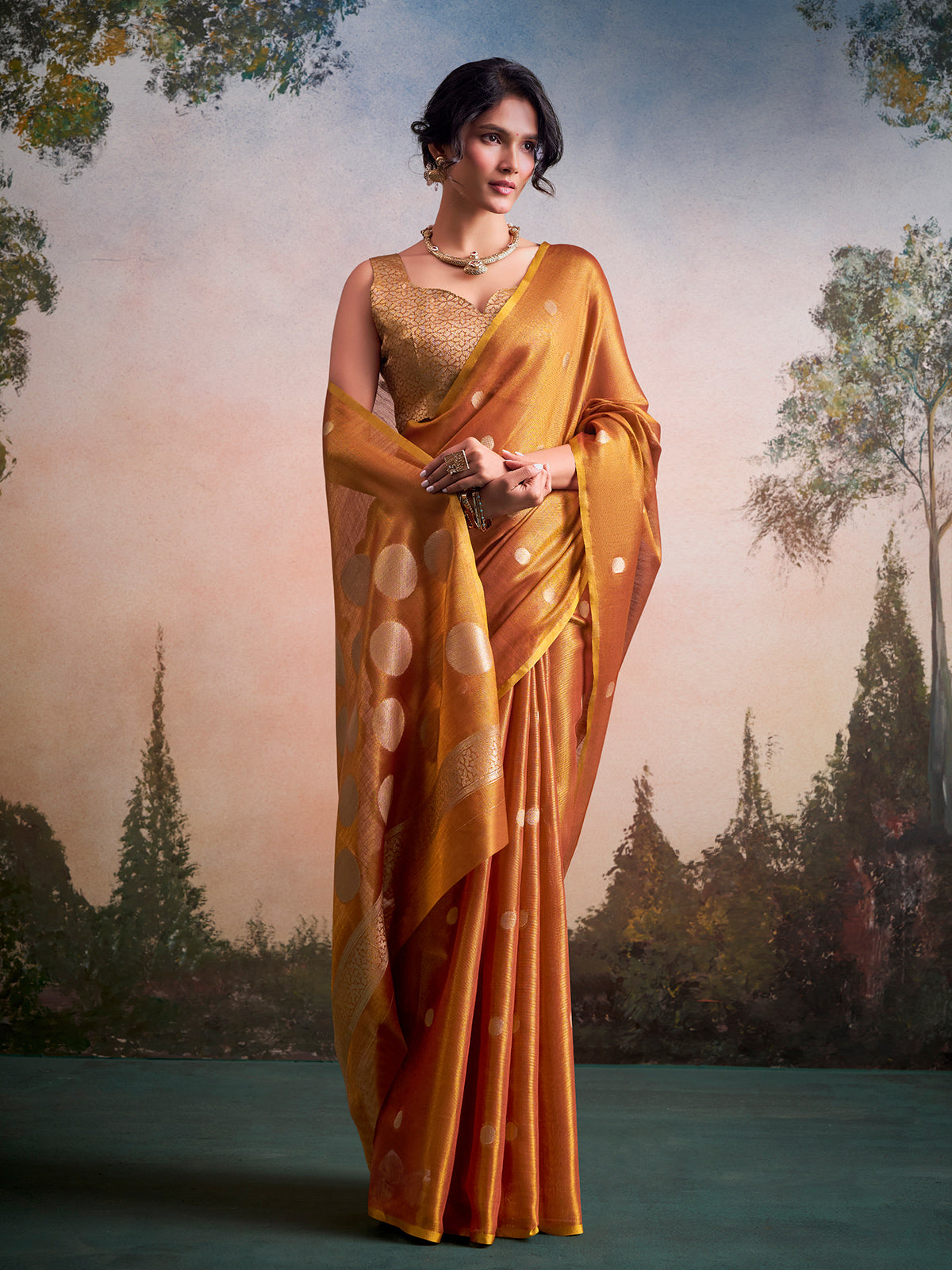 Elegant mustard yellow zari woven tissue silk saree