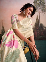 Cream nature inspired linen silk festive saree