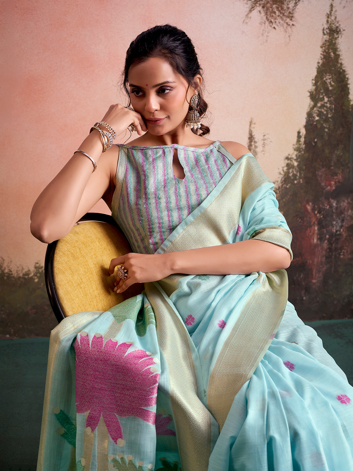 Sky blue botanical charm linen silk saree with unstitched blouse