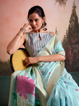 Sky blue botanical charm linen silk saree with unstitched blouse