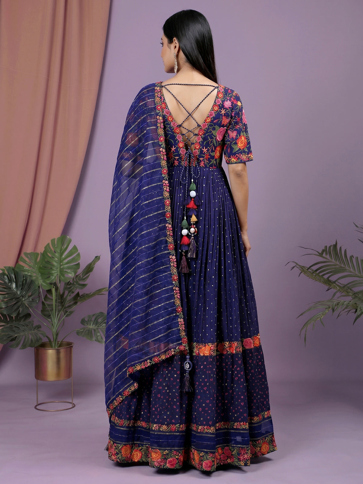 Navy silk anarkali salwar suit with sweetheart neckline