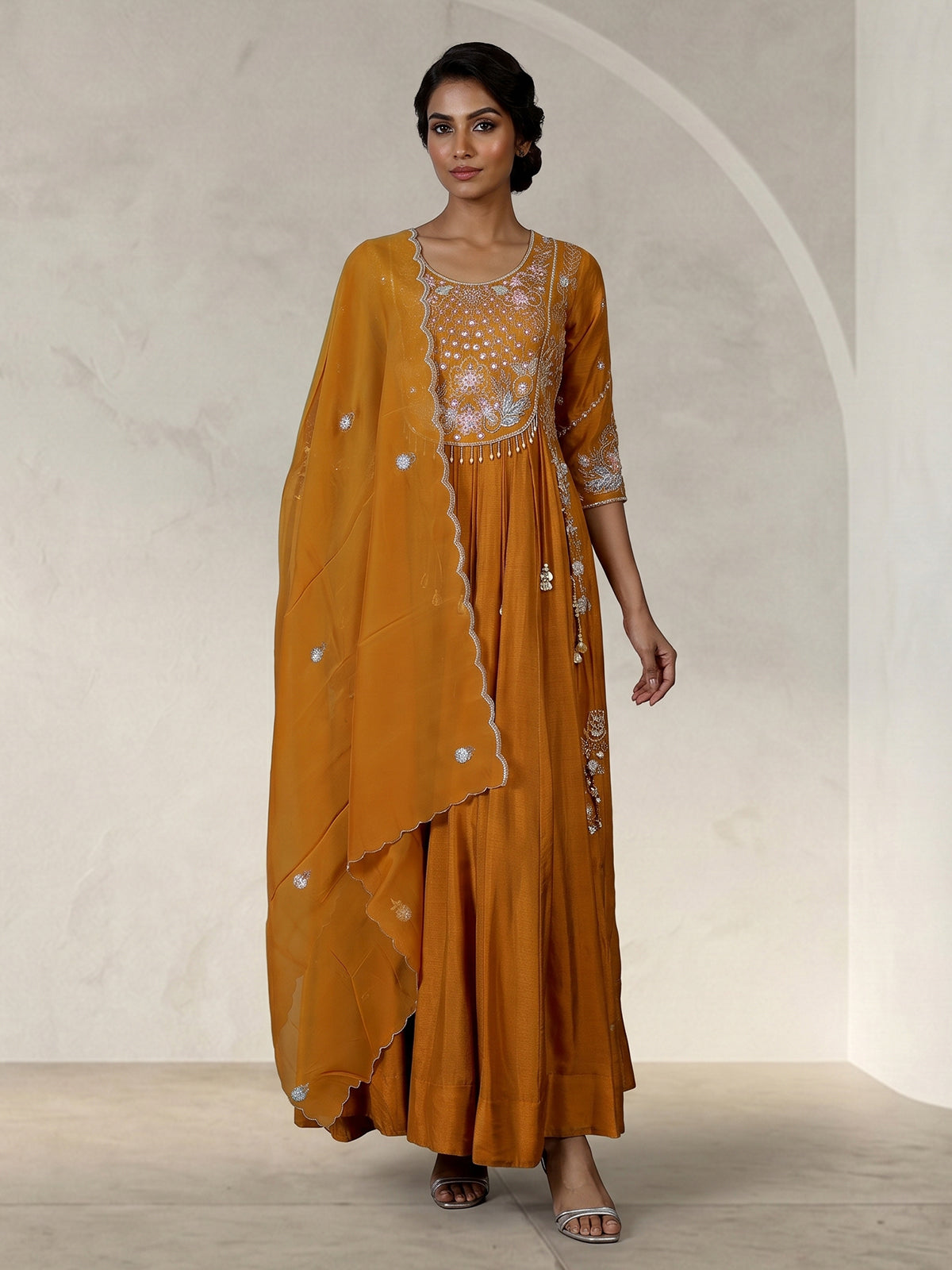 Mustard yellow silk anarkali suit with dupatta design