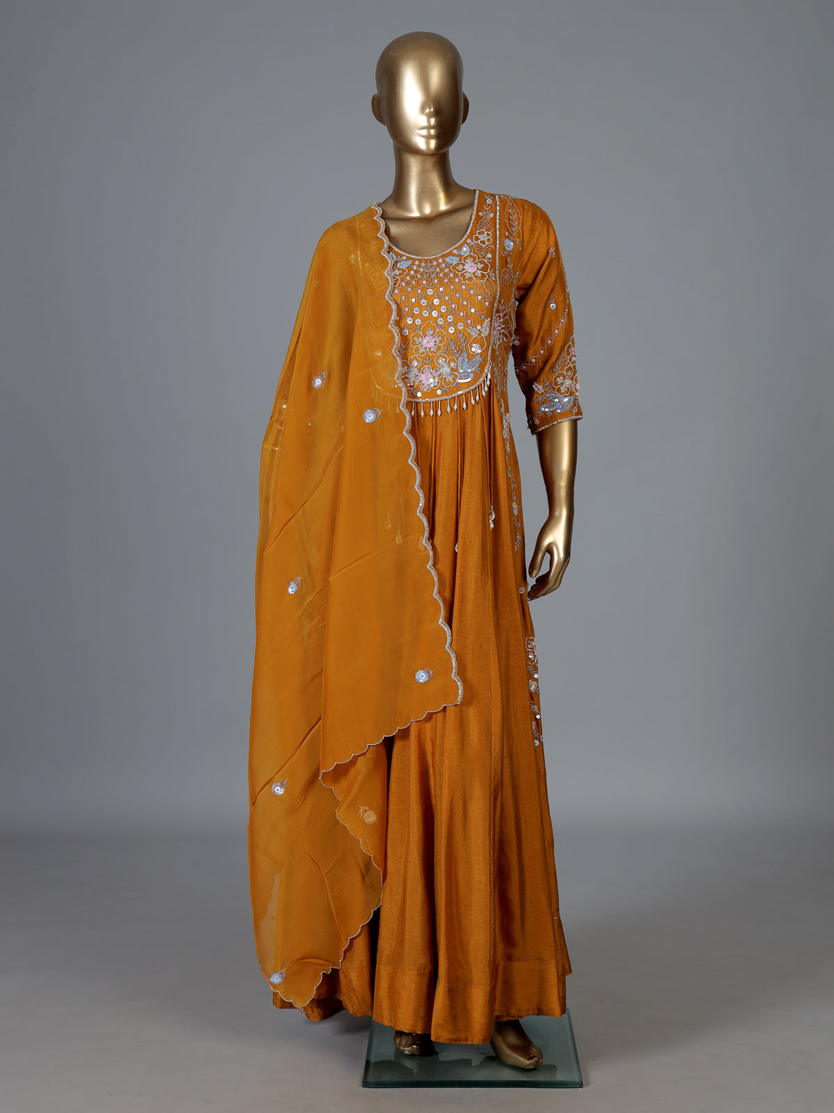 Mustard yellow silk anarkali suit with dupatta design