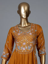 Mustard yellow silk anarkali suit with dupatta design