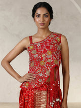 Red bandhej printed silk dhoti suit with embellishments