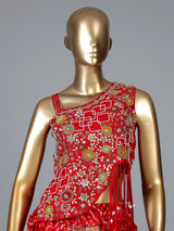 Red bandhej printed silk dhoti suit with embellishments