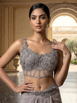 Grey silk ready to wear saree with attached pallu