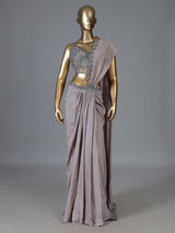 Grey silk ready to wear saree with attached pallu