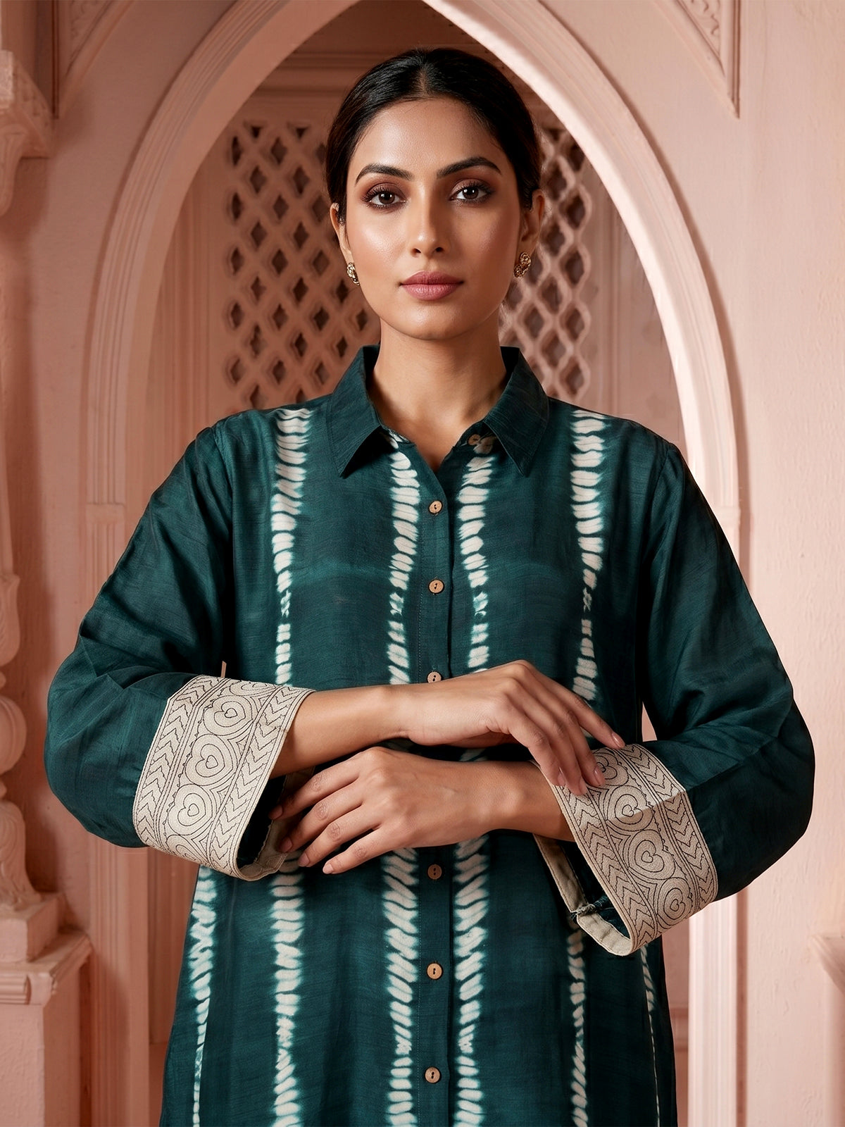 Green silk printed designer co-ord set with palazzo