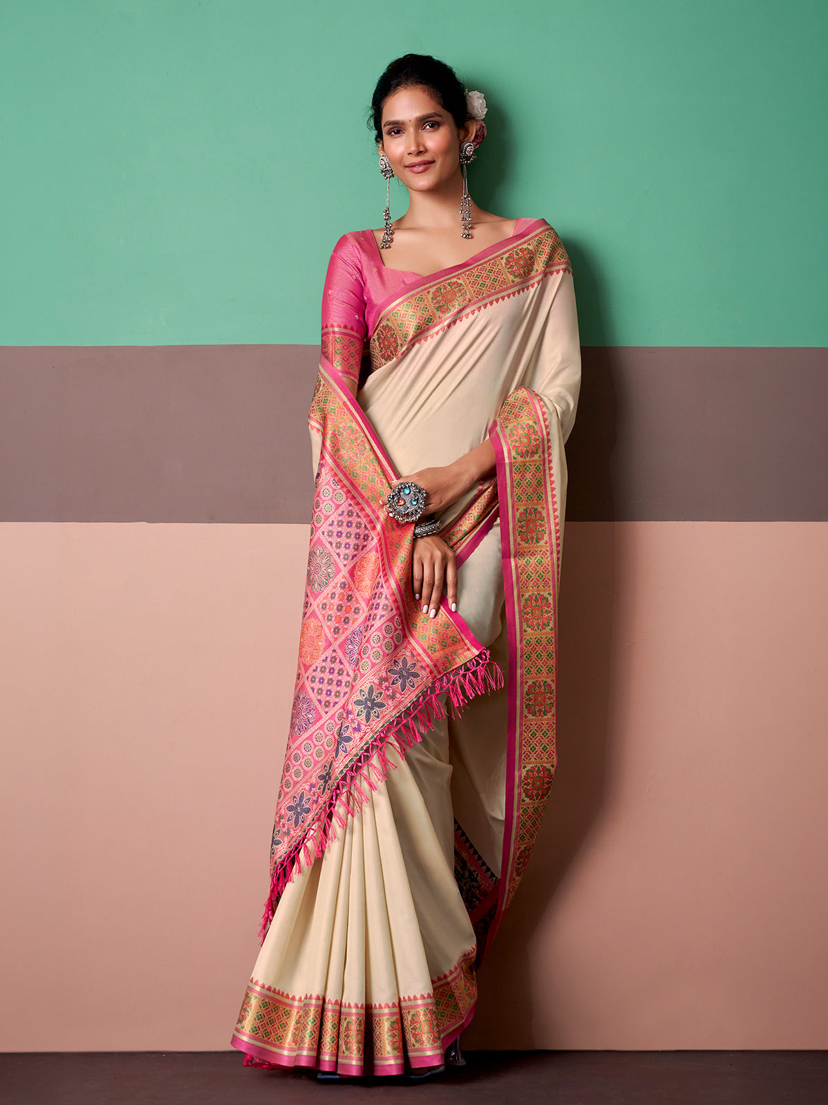 Cream classic heritage weave saree