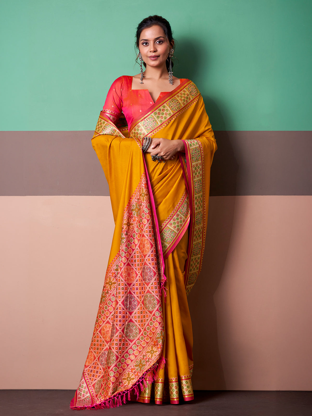 Mustard yellow festive ikat weave saree