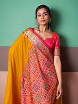 Mustard yellow festive ikat weave saree