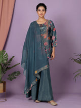 Stone blue silk yoke style palazzo suit