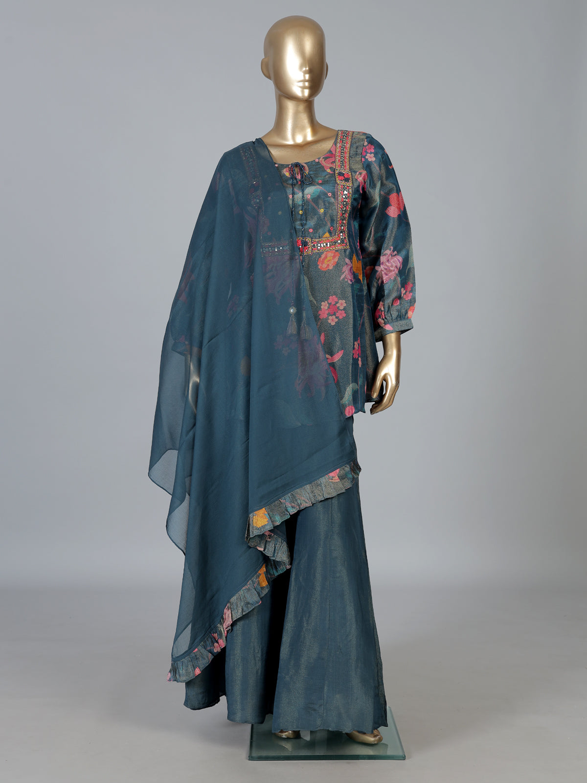 Stone blue silk yoke style palazzo suit