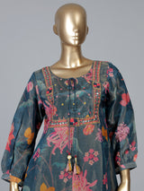 Stone blue silk yoke style palazzo suit