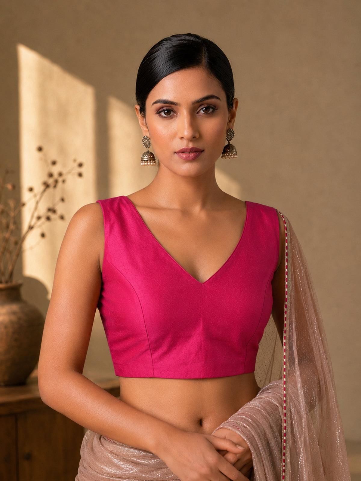 Magenta art silk v-neck sleeveless blouse