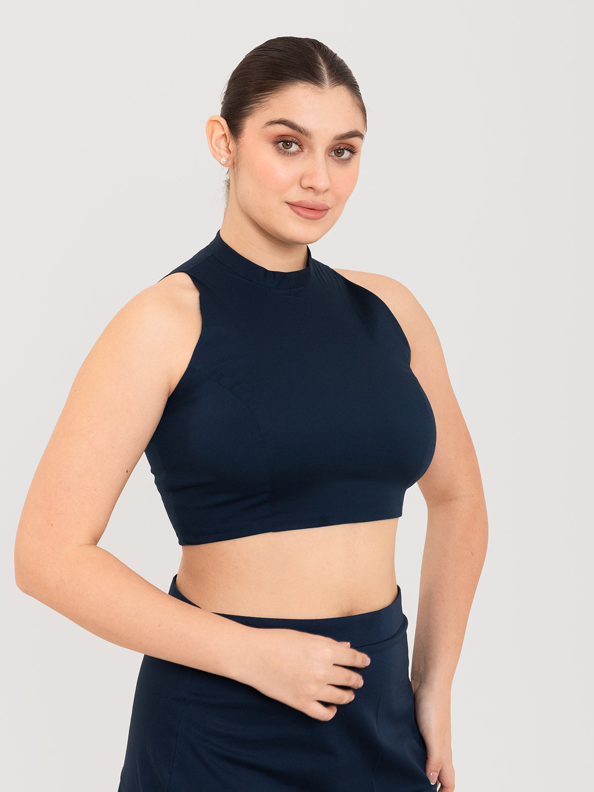 Blue cotton lycra high halter neck sleeveless blouse