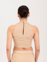 Beige cotton lycra high halter neck sleeveless blouse