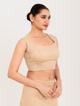 Beige cotton lycra curved sweetheart neck sleeveless blouse
