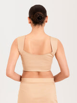 Beige cotton lycra curved sweetheart neck sleeveless blouse