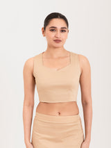 Beige cotton lycra sweetheart neck sleeveless blouse