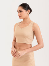 Beige cotton lycra sweetheart neck sleeveless blouse