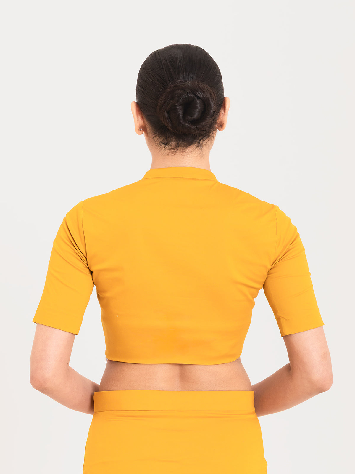 Yellow cotton lycra collar neck half sleeves blouse