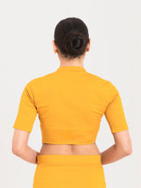Yellow cotton lycra collar neck half sleeves blouse