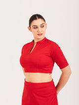 Red cotton lycra collar neck half sleeves blouse