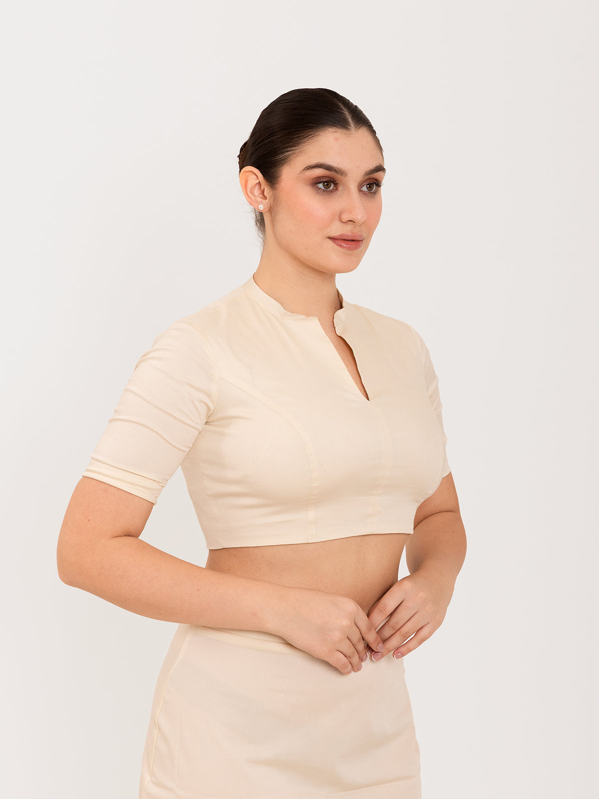White cotton lycra collar neck half sleeves blouse